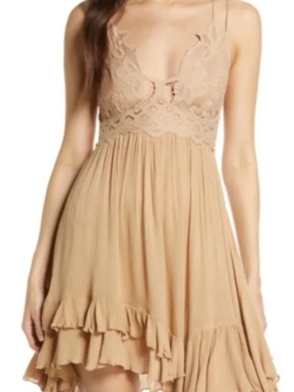 Free People Adella Beautiful Lace Trim Beige dress NWT